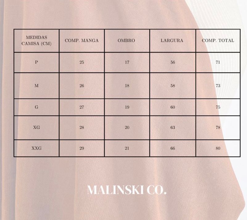 Tabela de medidas Camisa básica